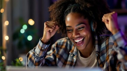 Joyful woman celebrating at home with laptop and headphones, embracing technology and happiness in every moment.