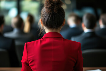 Fototapeta premium Businesswoman Wearing a Red Blazer Leading a Meeting in a Room Full of Dark-Suited Colleagues