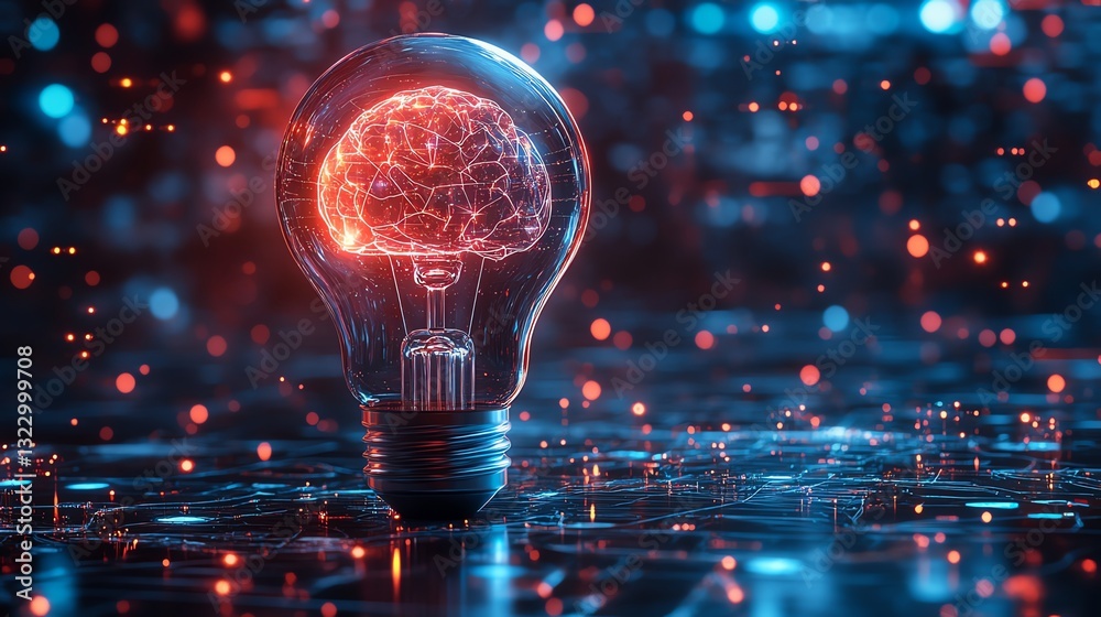 Aufkleber Futuristic glowing lightbulb with AI brain inside, illuminated with neon colors, surrounded by advanced robotic and digital network elements, hightech atmosphere