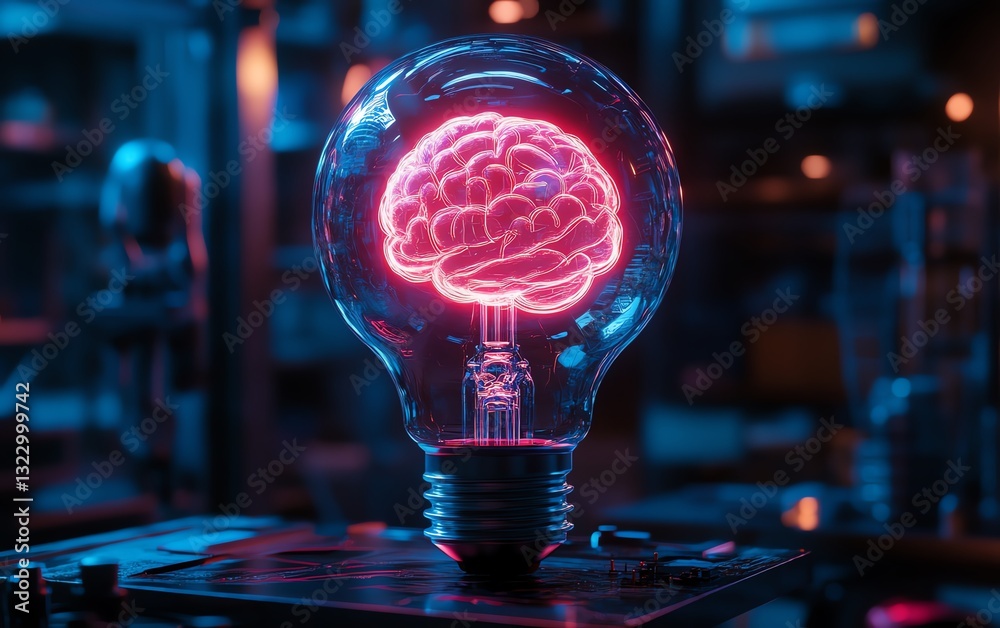 Aufkleber Futuristic glowing lightbulb with AI brain inside, illuminated with neon colors, surrounded by advanced robotic and digital network elements, hightech atmosphere