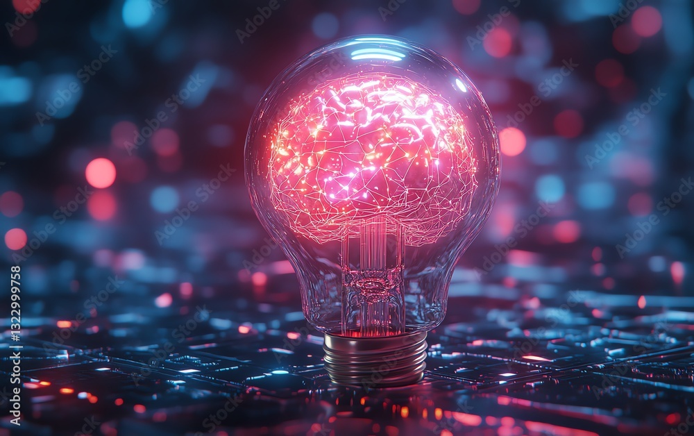 Aufkleber futuristic glowing lightbulb with ai brain inside, illuminated with neon colors, surrounded by advan