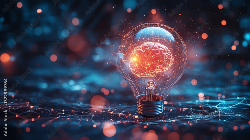 Aufkleber Futuristic glowing lightbulb with AI brain inside, illuminated with neon colors, surrounded by advanced robotic and digital network elements, hightech atmosphere