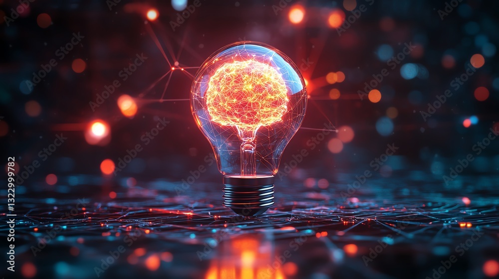 Aufkleber Futuristic glowing lightbulb with AI brain inside, illuminated with neon colors, surrounded by advanced robotic and digital network elements, hightech atmosphere