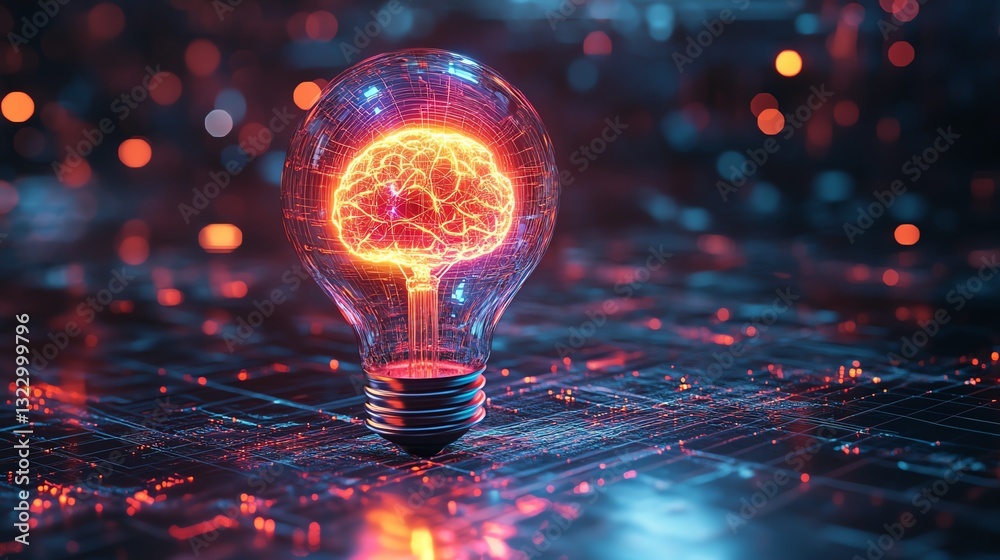 Aufkleber Futuristic glowing lightbulb with AI brain inside, illuminated with neon colors, surrounded by advanced robotic and digital network elements, hightech atmosphere