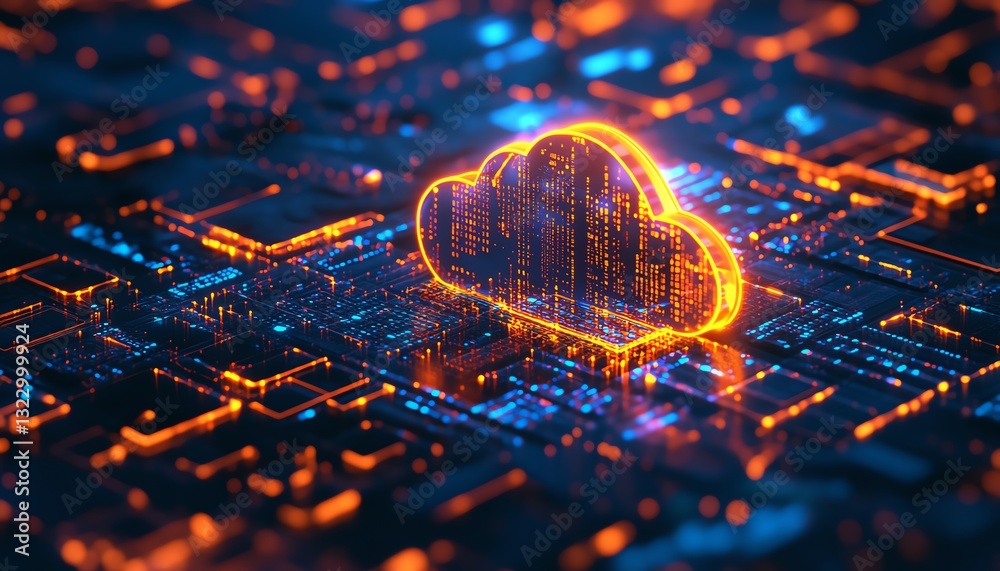 Poster futuristic smart city with cloud computing and data storage concept, neon blue and purple lights, 3d
