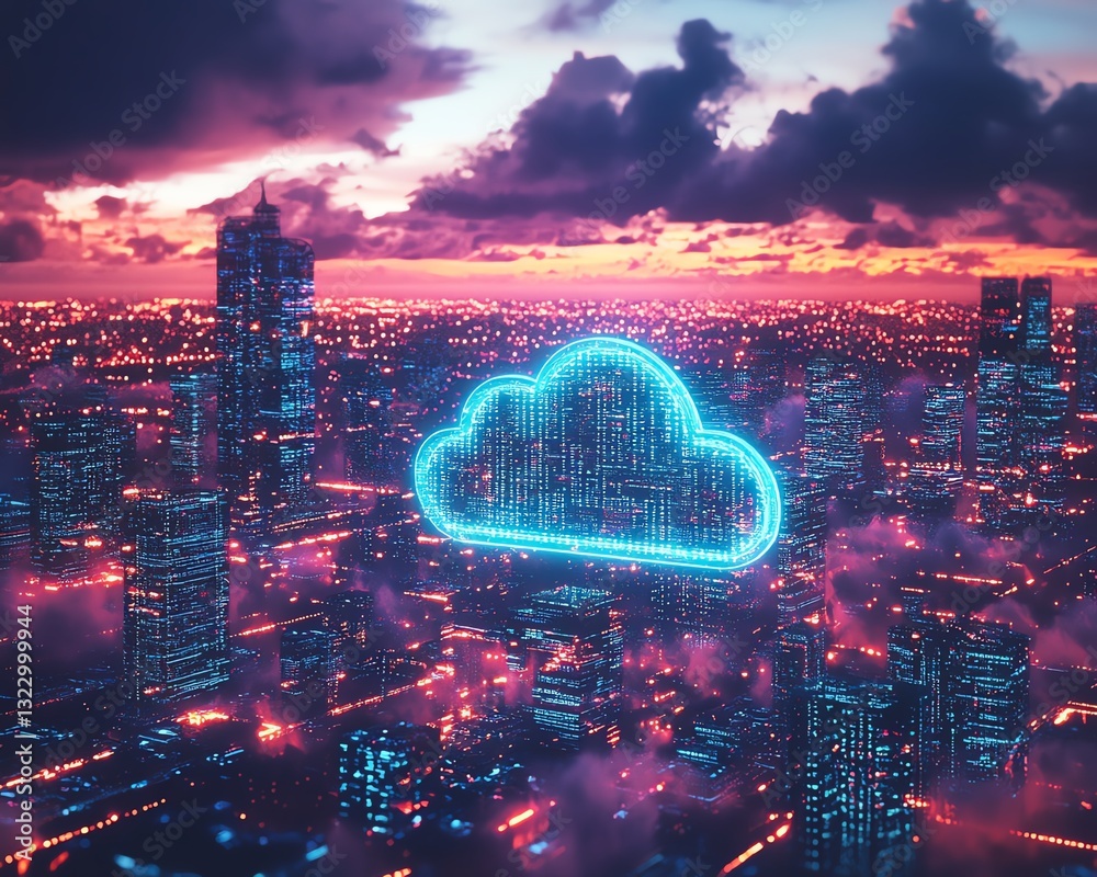 Leinwandbilder smart city with cloud computing and data storage, neon blue and purple light, 3d rendering, futurist