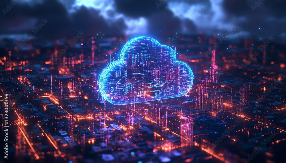 Poster 3D rendering of a futuristic smart city, cloud computing and data storage concept with neon blue and purple lighting, dark background, cuttingedge technology and innovation