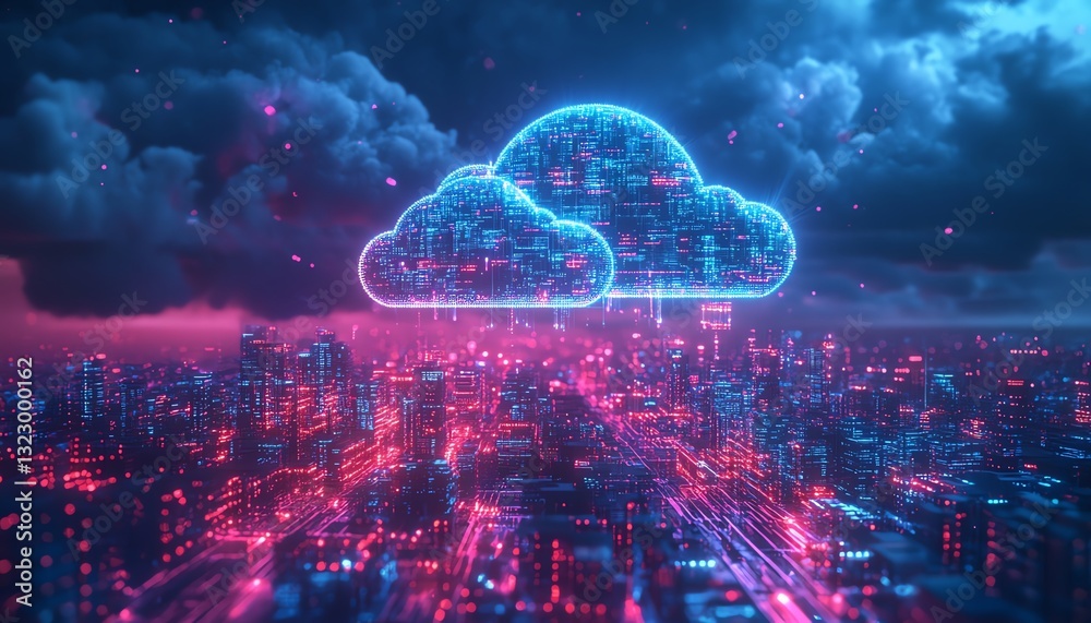 Poster 3D rendering of a futuristic smart city, cloud computing and data storage concept with neon blue and purple lighting, dark background, cuttingedge technology and innovation
