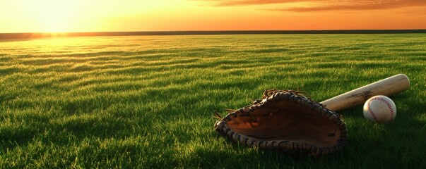 A baseball bat glove and ball rest on the grass in sunset