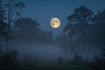 Naklejka premium Enchanted Forest Canopy Beneath Glowing Full Moon Light