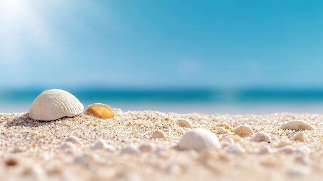 Seashells on Sandy Beach with Turquoise Ocean Backdrop Ideal Relaxation