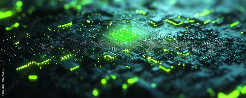 Leinwandbilder 3D rendering of futuristic AI microchip with neon green glowing circuits, dark backdrop, digital concept of machine learning and advanced artificial intelligence technology