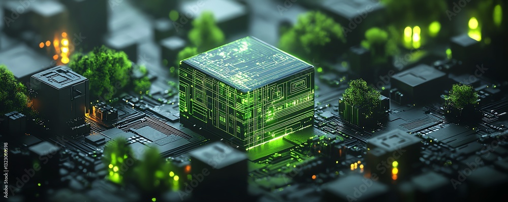 Aufkleber 3D rendering of futuristic AI microchip with neon green glowing circuits, dark backdrop, digital concept of machine learning and advanced artificial intelligence technology