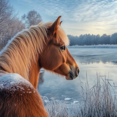 Obraz premium Chestnut horse with snow-covered mane standing beside a frozen lake, peaceful and stunning, UHD 8K 
