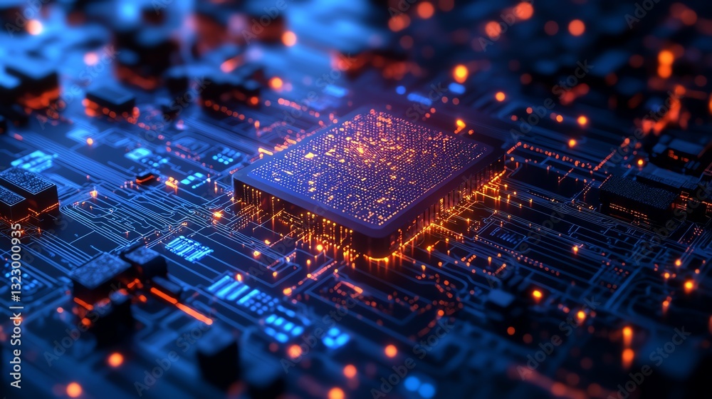 Poster ai technology concept with digital circuits in a modern office, smart devices, glowing data flow, hi
