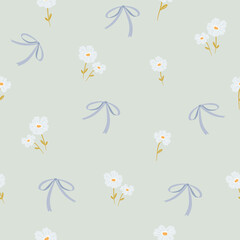 light blue flowers and blue bows seamless  pattern , vector , illustration