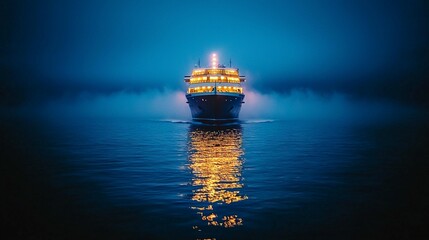 Cruise Ship at Night, Foggy Sea