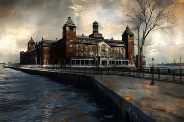 Retro-Futuristic Street Art Installation Depicting Photo Editing on Ellis Island Cityscape