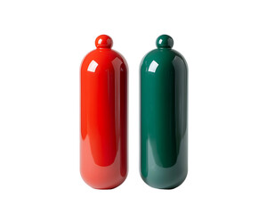 Two Glossy Cylindrical Objects in Red and Green On Isolated White Background