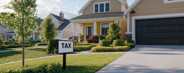 Obraz premium Modern suburban home with yellow exterior and tax sign in front yard under clear blue sky during daylight