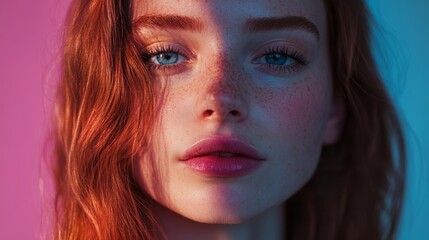 A woman with red hair and blue eyes
