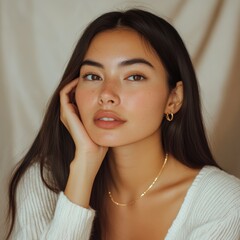 A woman with long dark hair and a gold necklace is posing for a picture