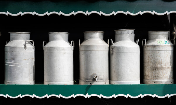 Vintage Metal Milk Cans Display on Rustic Green Shelf