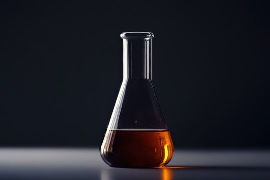 A glass conical flask containing a liquid substance on a surface
