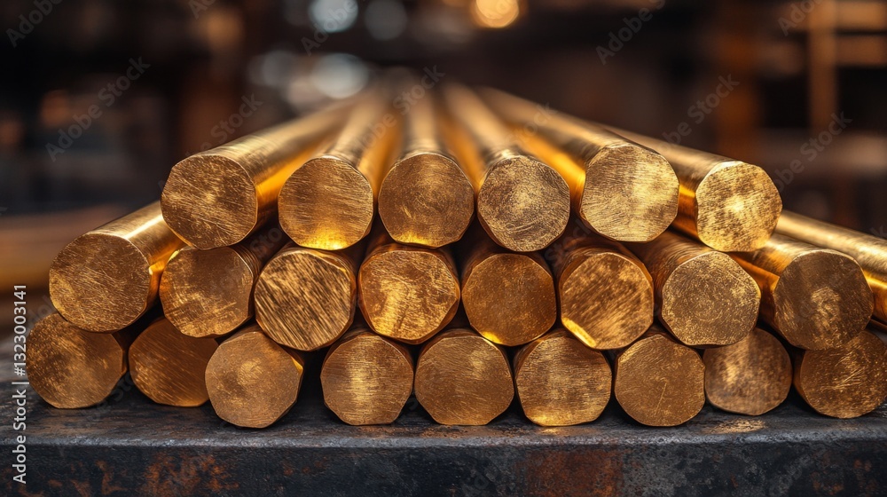 Poster metal rods made of aluminum are organized in neat stacks within a manufacturing facility. the focus 