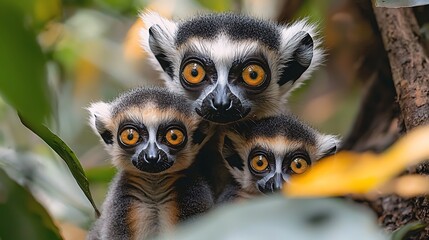 Fototapeta premium Adorable Crowned Lemur Trio Close Up Wildlife Primates Madagascar