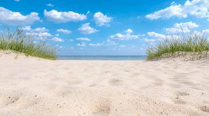 Walking Towards Ocean on Sandy Beach with Grass and Blue Sky