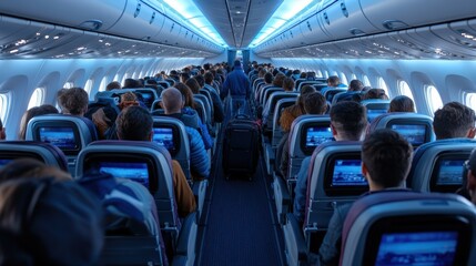 Fototapeta premium A crowded airplane with people sitting in the seats
