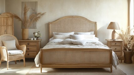Bohemian bedroom with rattan bed, linen bedding, and neutral tones