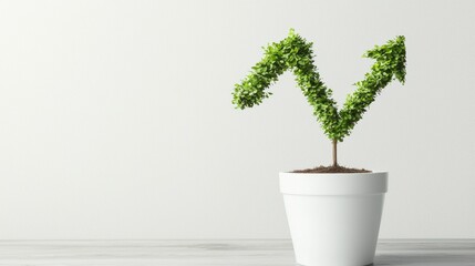 Fototapeta premium Green plant with upward arrows symbolizing growth and prosperity in a minimalist indoor setting