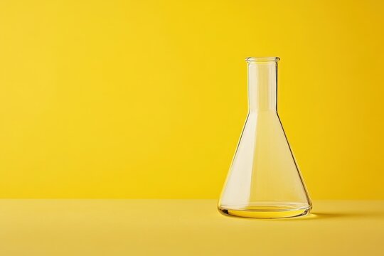 A transparent scientific flask stands against a vibrant yellow background