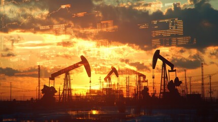 Fototapeta premium Double exposure of oil pumpjacks silhouetted against a sunset with financial charts and stock market data overlays.