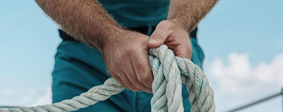 Skilled hands working with a thick rope in a bright outdoor setting against a clear sky