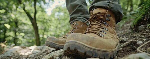 Fototapeta premium Close-Up of Hiking Boots on Rocky Terrain Surrounded by Lush Green Forest in Bright Natural Light