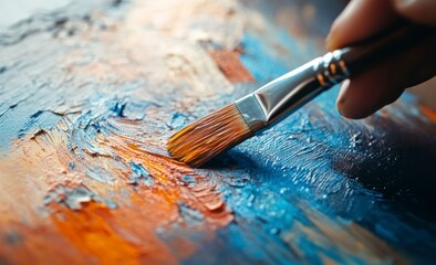 Fototapeta premium Painting with Brush on Canvas Creating Abstract Artwork with Textured Paint