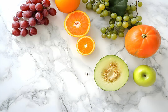 overhead view of an assortment of fresh fruits on a sleek white marble counter
