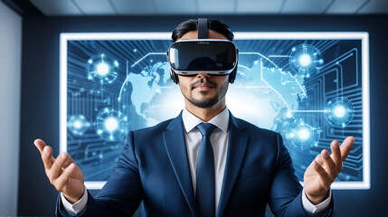 A professional man wearing a virtual reality headset reflects on cyber security and data privacy concepts in a modern business setting, symbolizing innovation. XDMCP