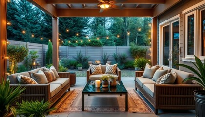 Fototapeta premium Cozy Outdoor Living Space with Sofas, Coffee Table, and String Lights