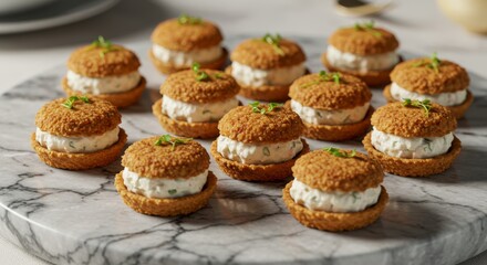 Gourmet Mini Sandwiches: An enticing close-up showcases an array of meticulously crafted mini sandwiches, artfully arranged on a stylish marble surface.