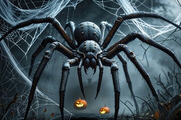 Spooky Halloween Banner Featuring Jagged Spiders and Creepy Cobwebs