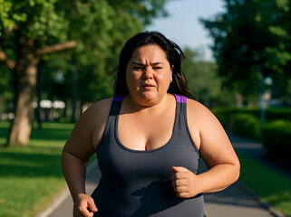 Diet Program Fat Woman Running Outdoors Sweating in Morning