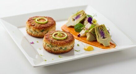 Artichoke and Crab Cake Duo: A culinary delight featuring two golden crab cakes, topped with fresh lime, presented alongside tender artichoke hearts and a vibrant sauce on a pristine.