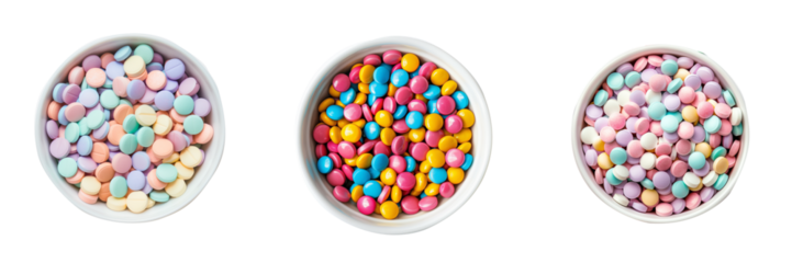 Pastel Colored Tablets in Bowls isolated on transparent Background A Colorful Collection of Pills