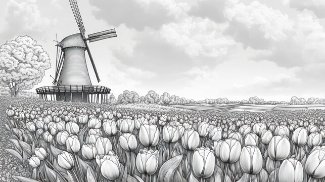 Monochrome windmill tulip field spring landscape