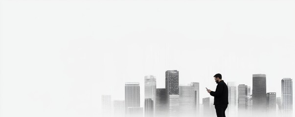 Fototapeta premium Businessman using smartphone with modern city skyline in the background, soft focus and foggy ambiance