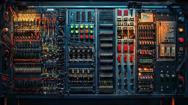 Complex electronics control panel with colorful switches and intricate wiring